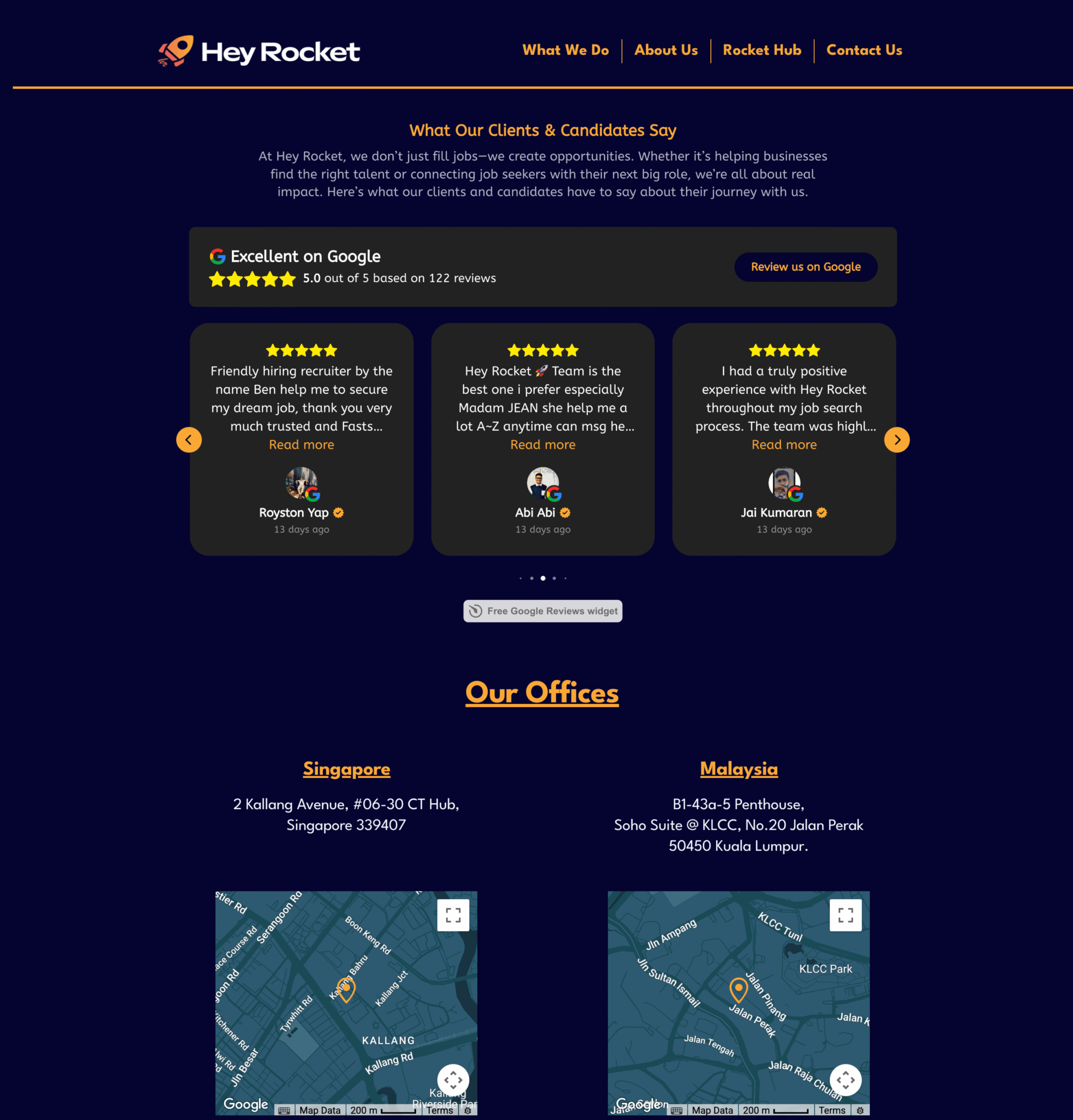 Hey Rocket’s client and candidate testimonials with a 5-star Google rating. Below, office addresses for Singapore and Malaysia are displayed alongside embedded Google Maps. The section emphasizes trust, satisfaction, and the company’s regional presence.
