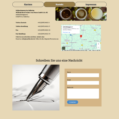 Contact page layout for Schlossbrauerei Au-Hallertau with address, map, contact form, and images of beer sampling.