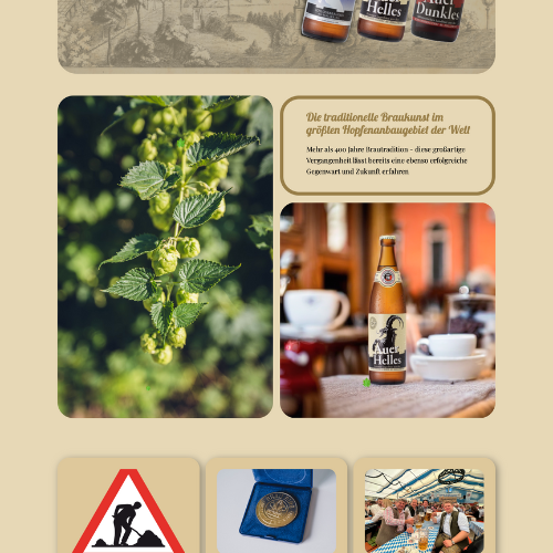 Homepage hero section of Schlossbrauerei Au-Hallertau’s website showcasing signature beers with the brewery’s historic background and branding.