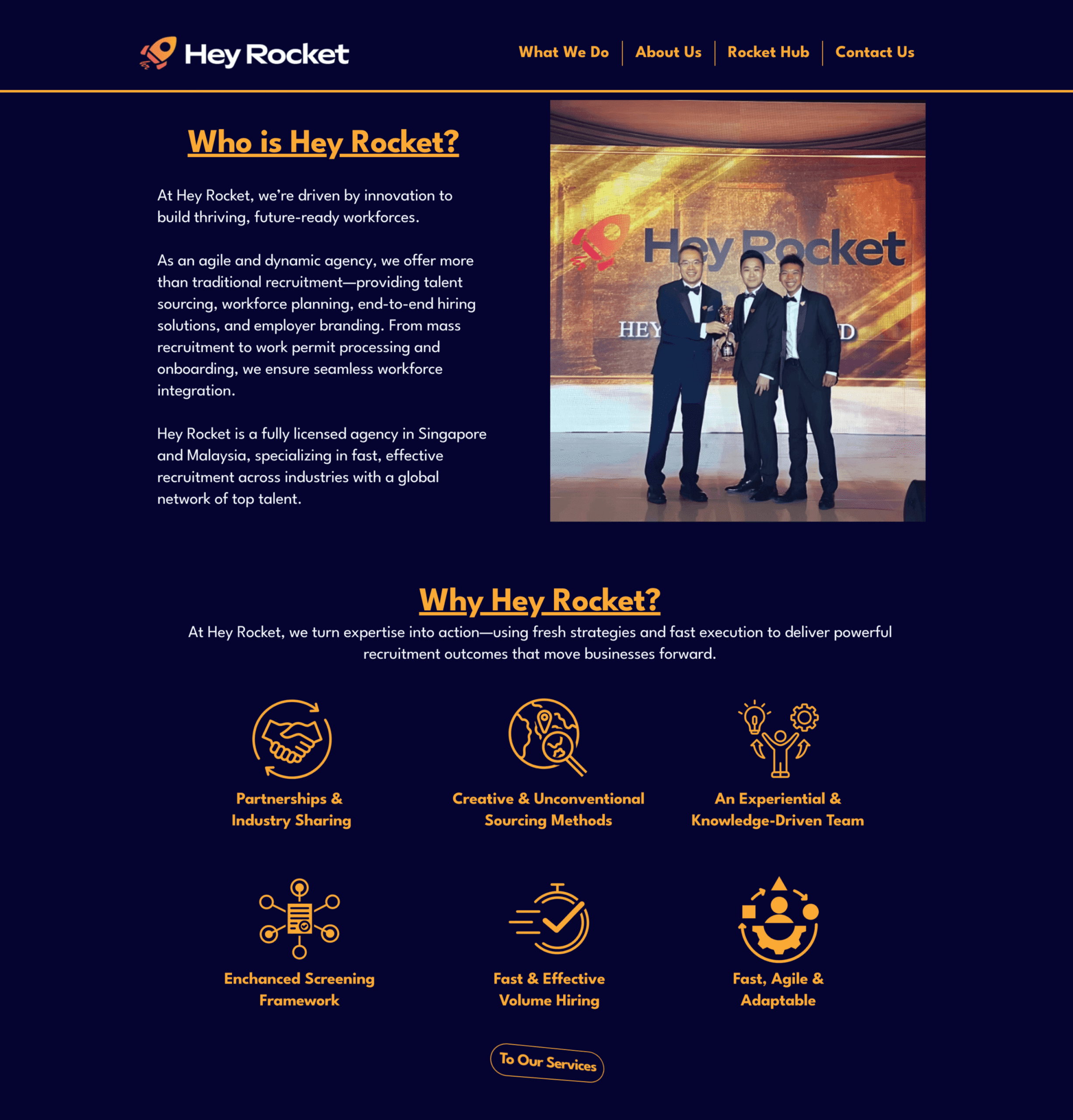 Hey Rocket’s company introduction page featuring a photo of the founders receiving an award on stage. Text highlights the agency’s innovative, fast, and end-to-end recruitment services in Singapore and Malaysia, supported by icons representing core strengths like sourcing methods, volume hiring, and agility.