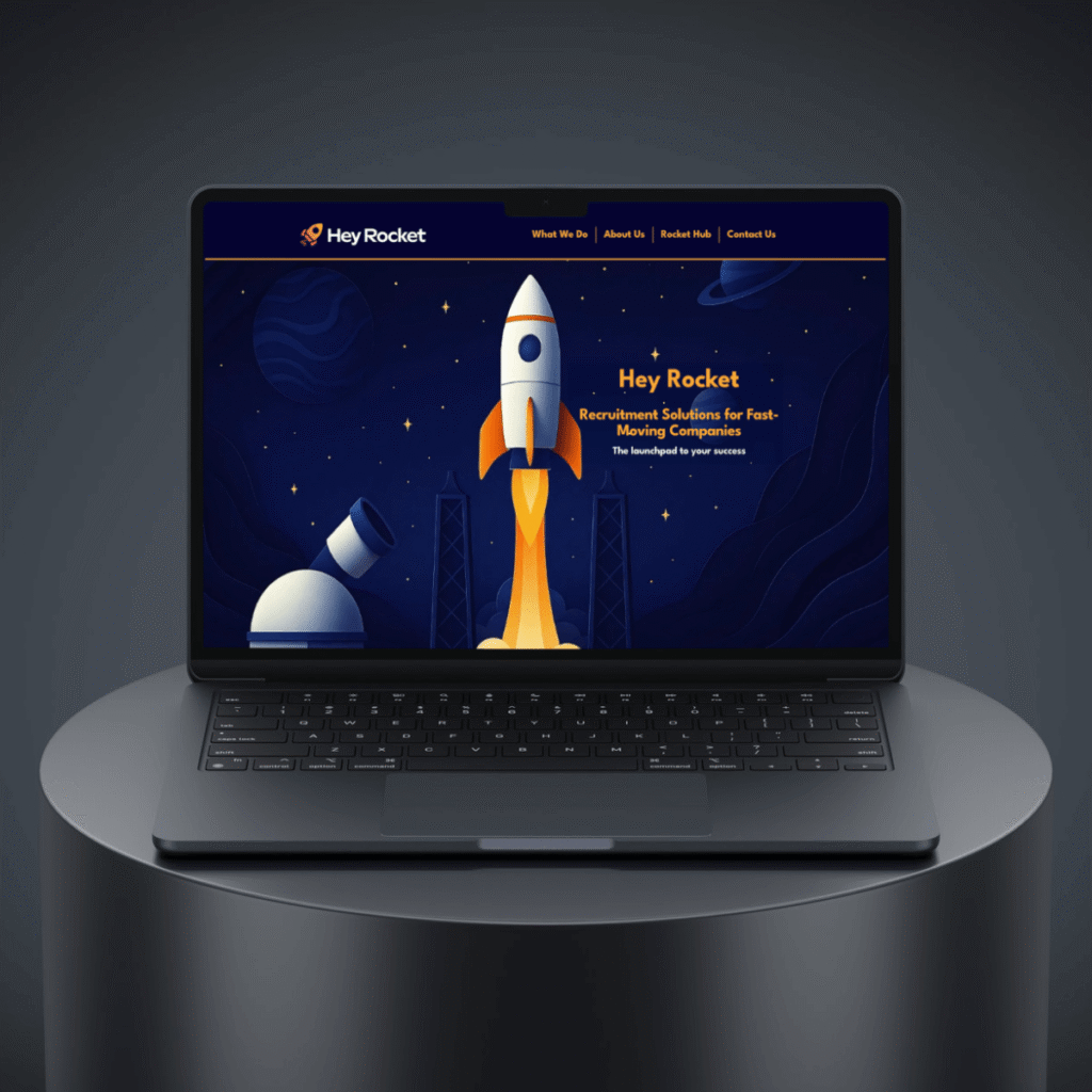 Hey Rocket’s website homepage shown on a sleek black laptop, featuring a rocket launching illustration with the tagline “Recruitment Solutions for Fast-Moving Companies.