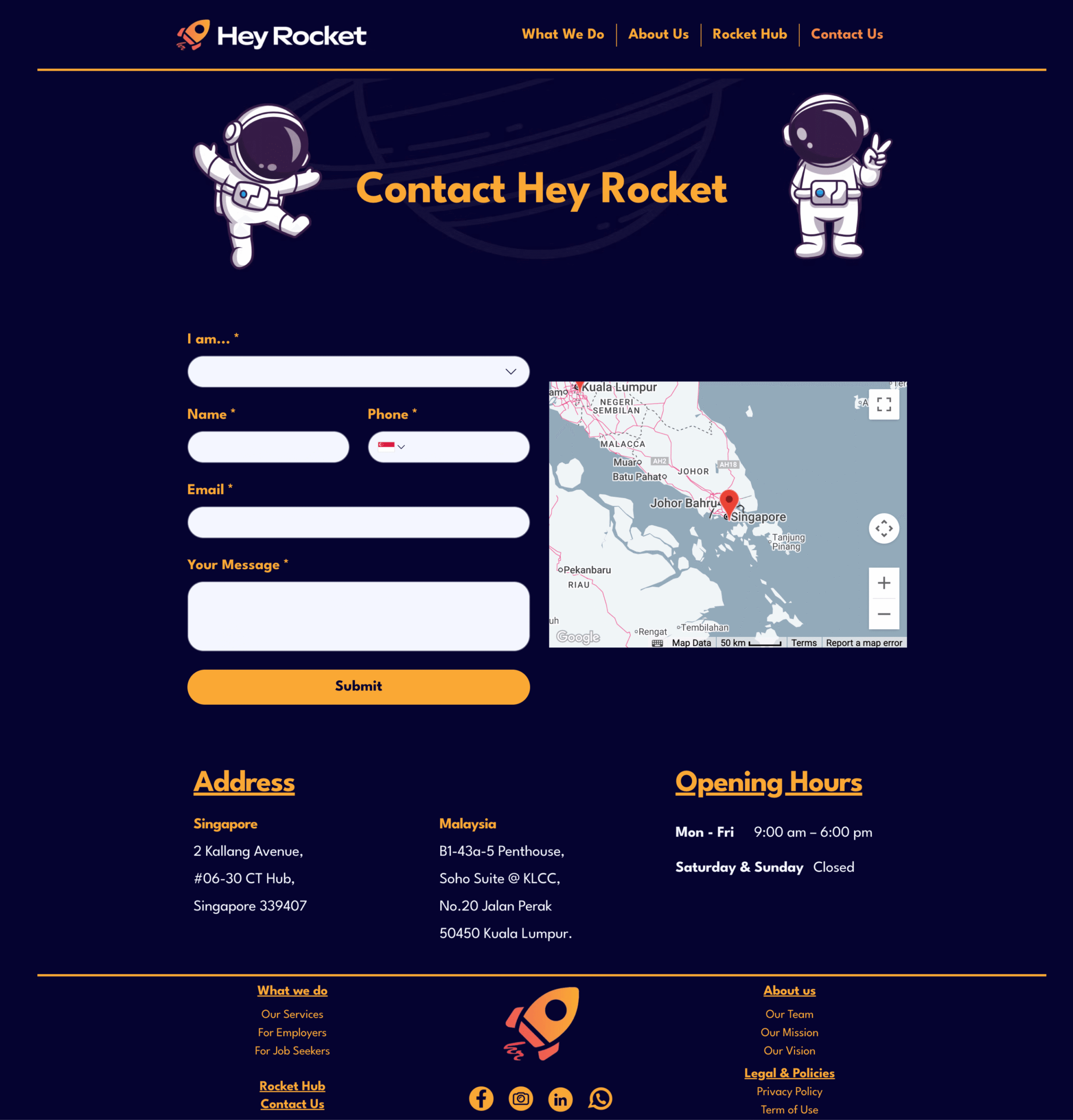 Hey Rocket contact form with office locations in Singapore and Malaysia and WhatsApp support.