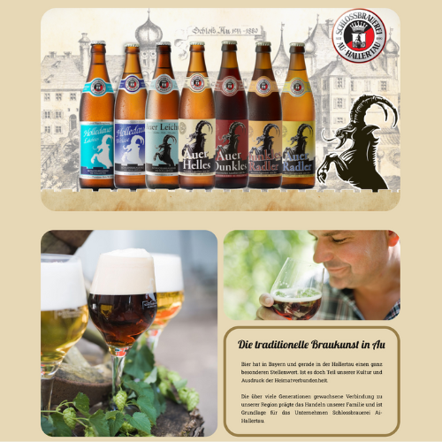 Product lineup from Schlossbrauerei Au-Hallertau’s website featuring various Auer Bier bottles, traditional beer pouring, and a spotlight on brewing culture.