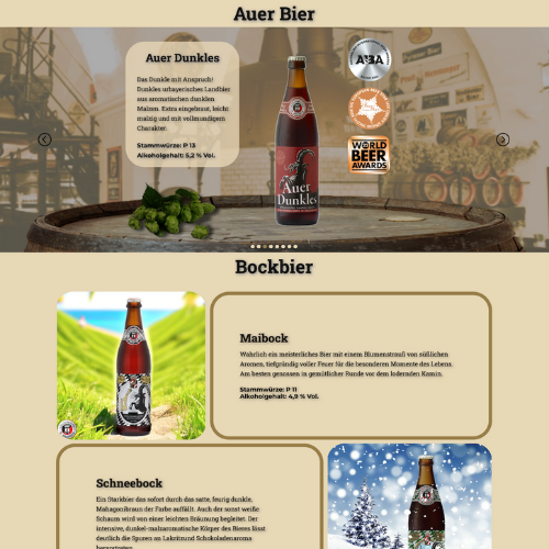 Product detail page for Auer Dunkles on Schlossbrauerei Au-Hallertau’s website with beer specs, award badges, and seasonal Bockbier varieties.