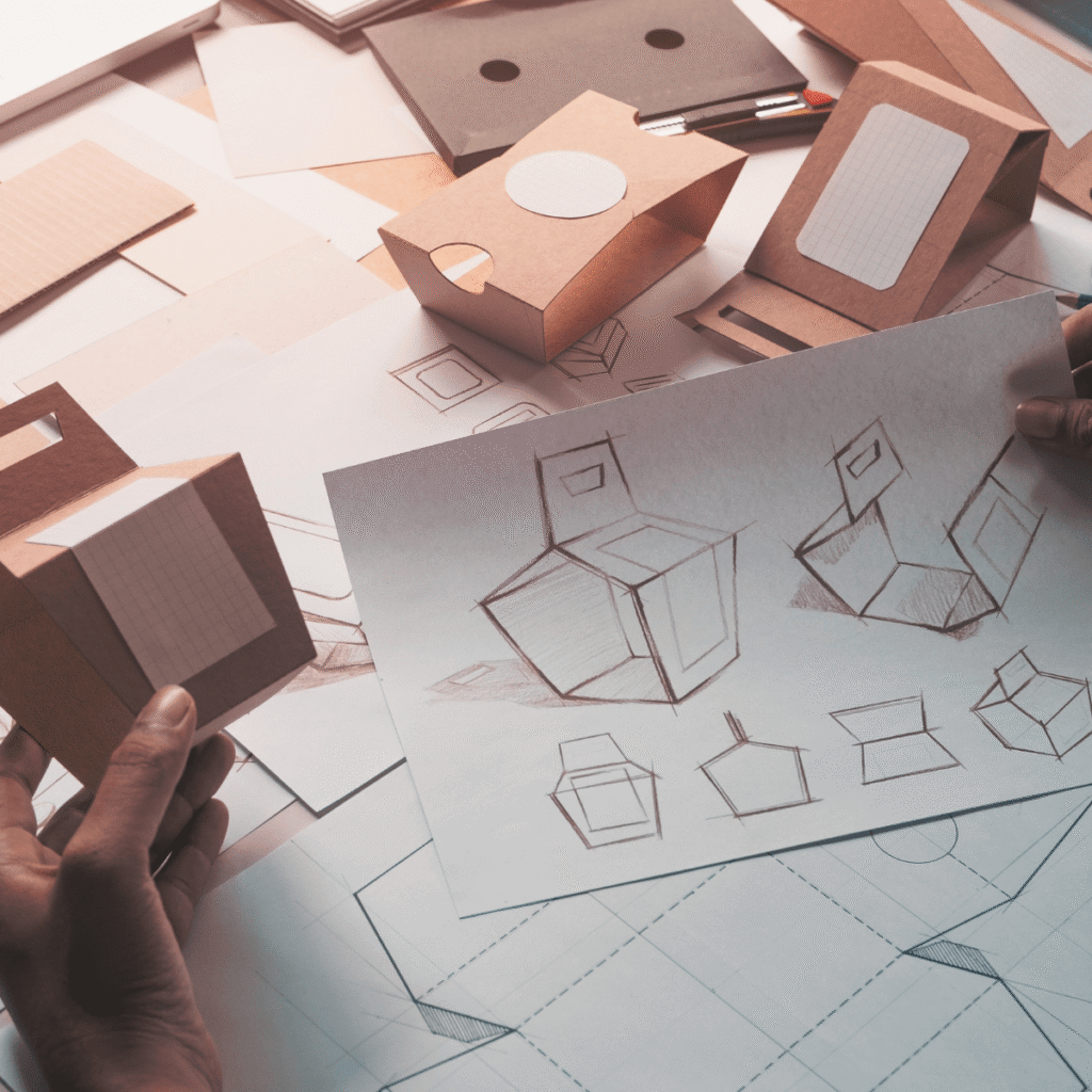 Inspiration for creative merch and packaging design — ideating custom product boxes with structural sketches and mockups.