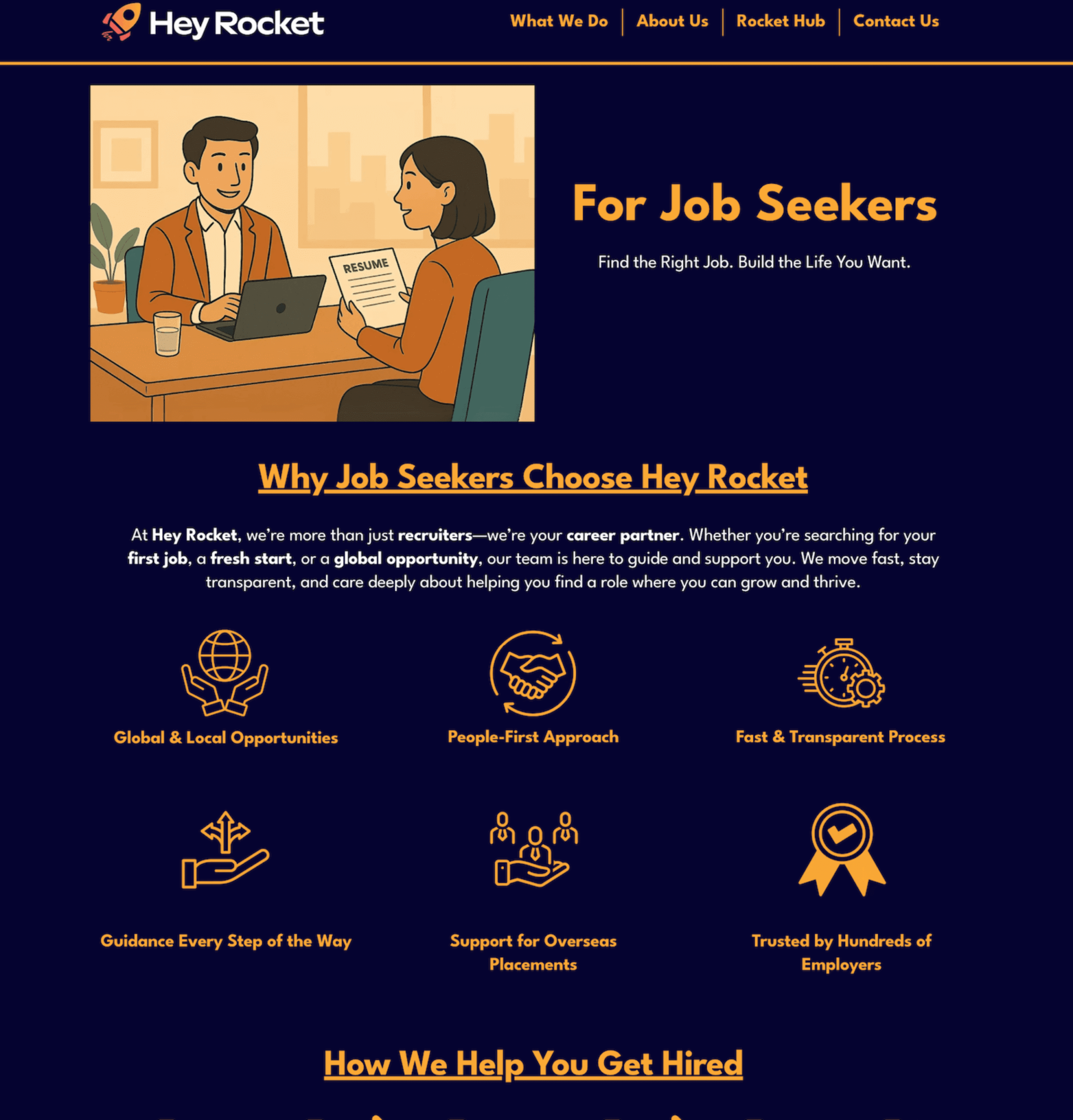 Hey Rocket job seeker services with resume support, global job opportunities, and transparent hiring process.