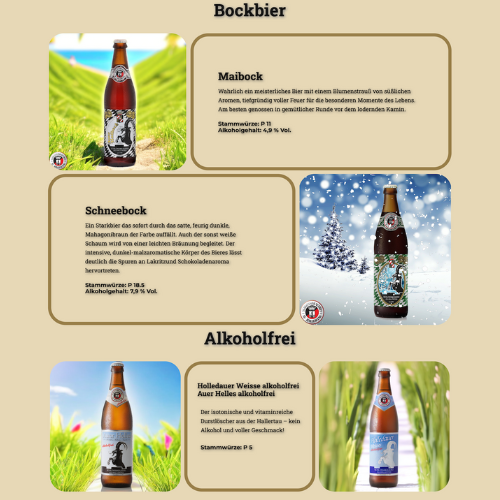 Product overview of seasonal Bockbier and alcohol-free beer options including Maibock, Schneebock, and Holledauer Weisse alkoholfrei.