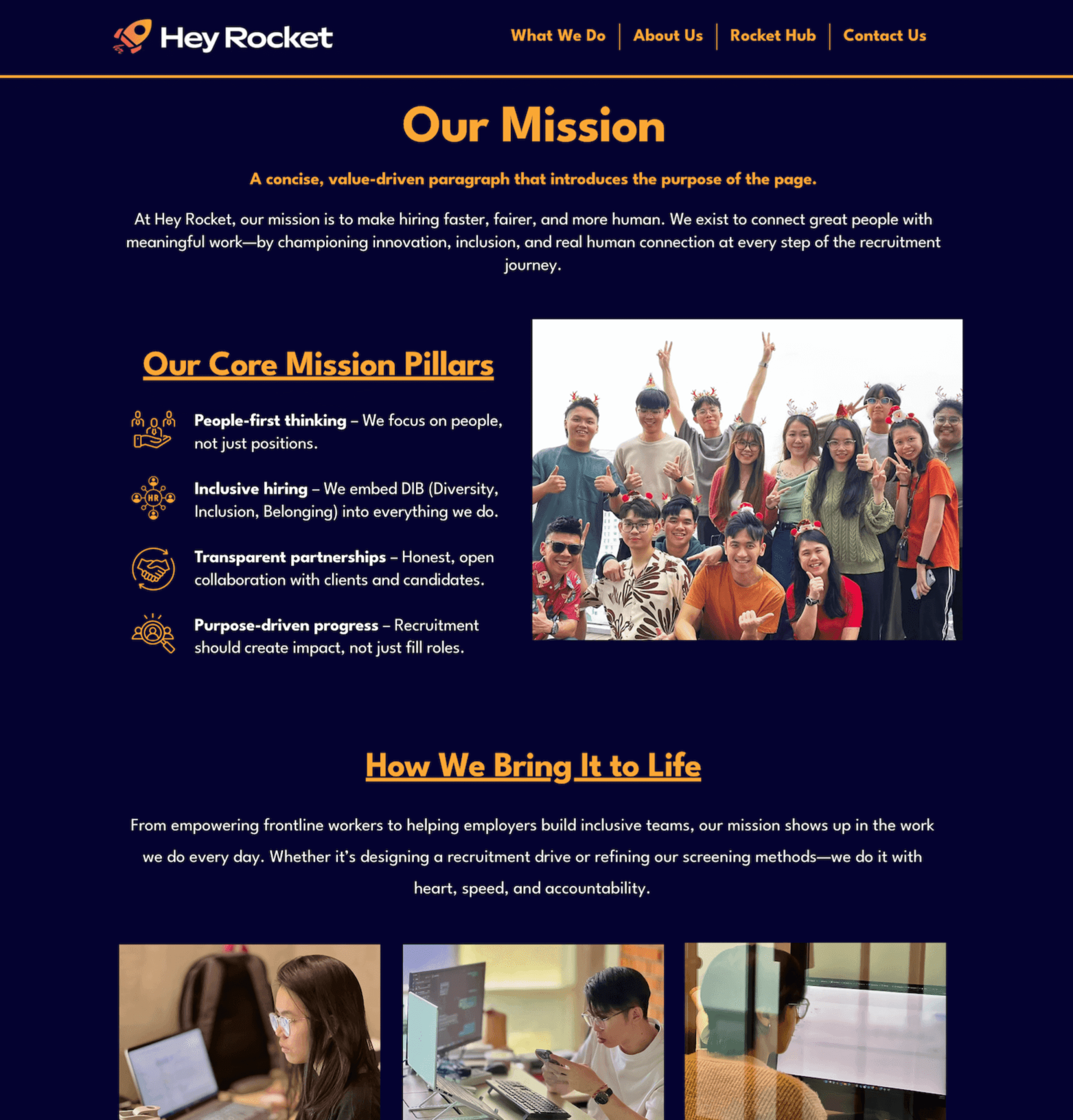 Hey Rocket team showcasing recruitment mission pillars: people-first thinking, inclusive hiring, and purpose-driven partnerships.
