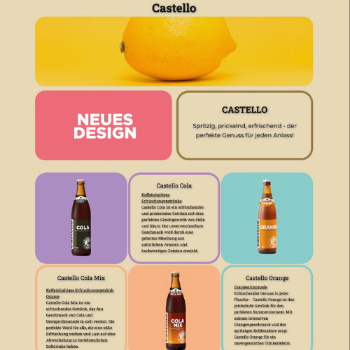 Product showcase section for Castello soft drinks, featuring new label designs and descriptions for Cola, Orange, and Cola Mix flavors.