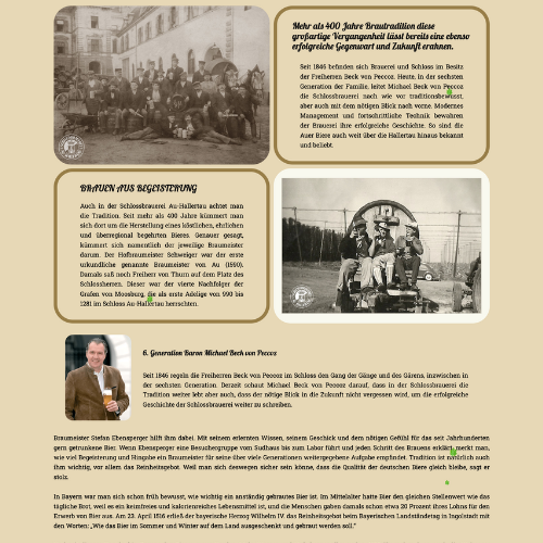 Website section highlighting the long-standing brewing tradition of Schlossbrauerei Au-Hallertau, with vintage photos and family history.