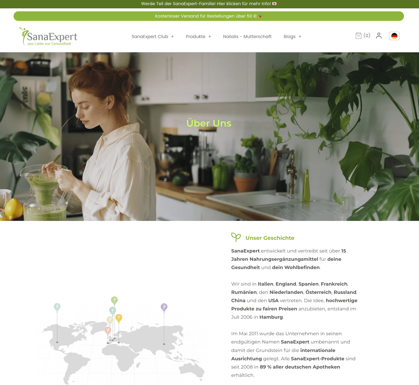 SanaExpert’s About Us page highlighting the company’s global reach, origin story in Hamburg, and focus on health supplements across multiple countries.
