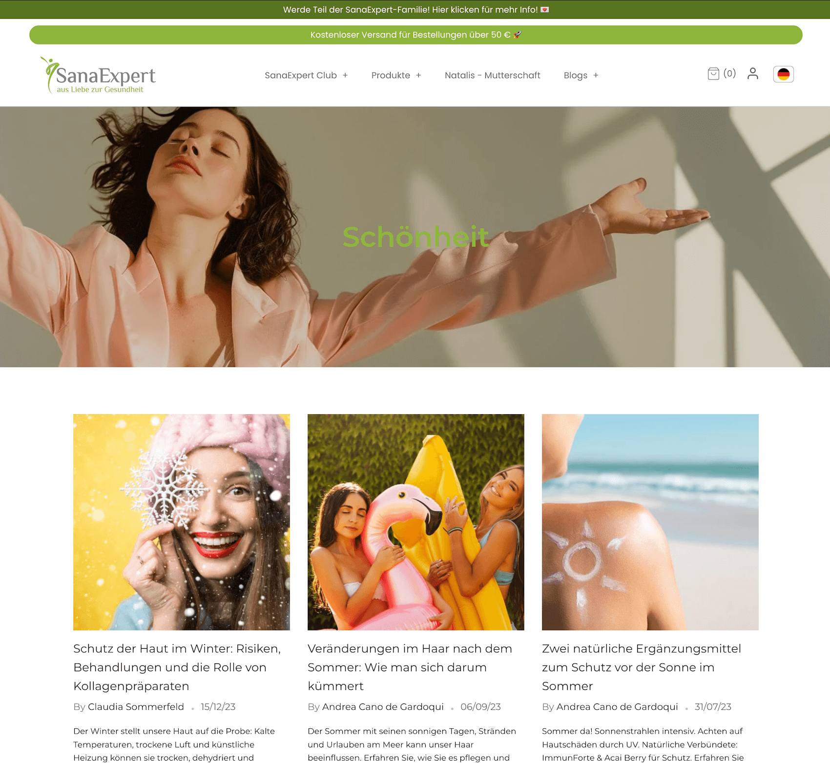 SanaExpert beauty blog featuring wellness articles on skincare, seasonal hair care, and natural supplement tips.