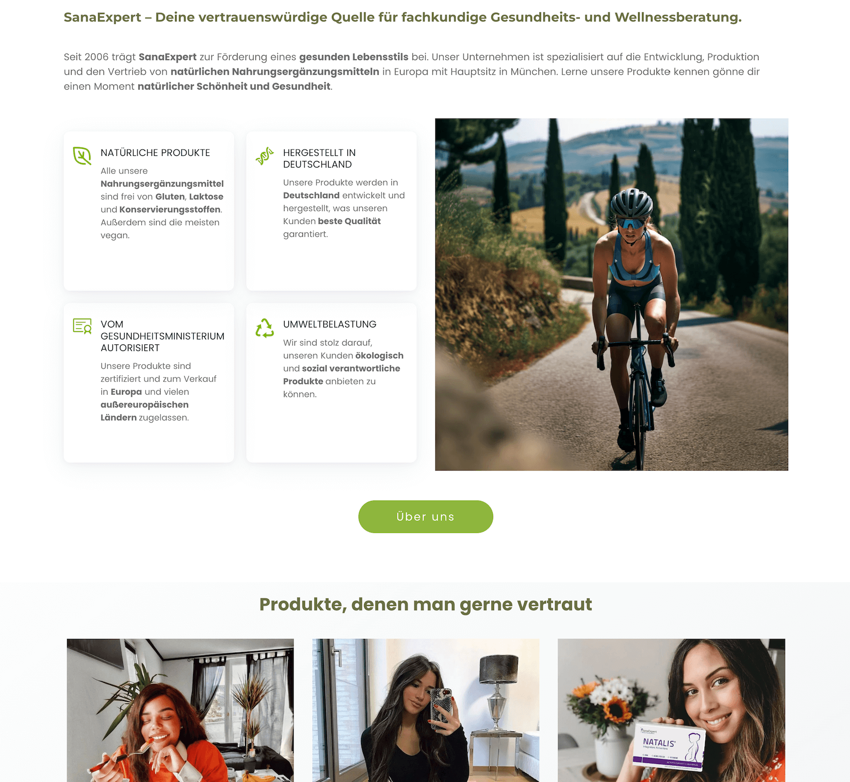 SanaExpert webpage highlighting brand values such as natural ingredients, eco-responsibility, German-made products, and global certifications.