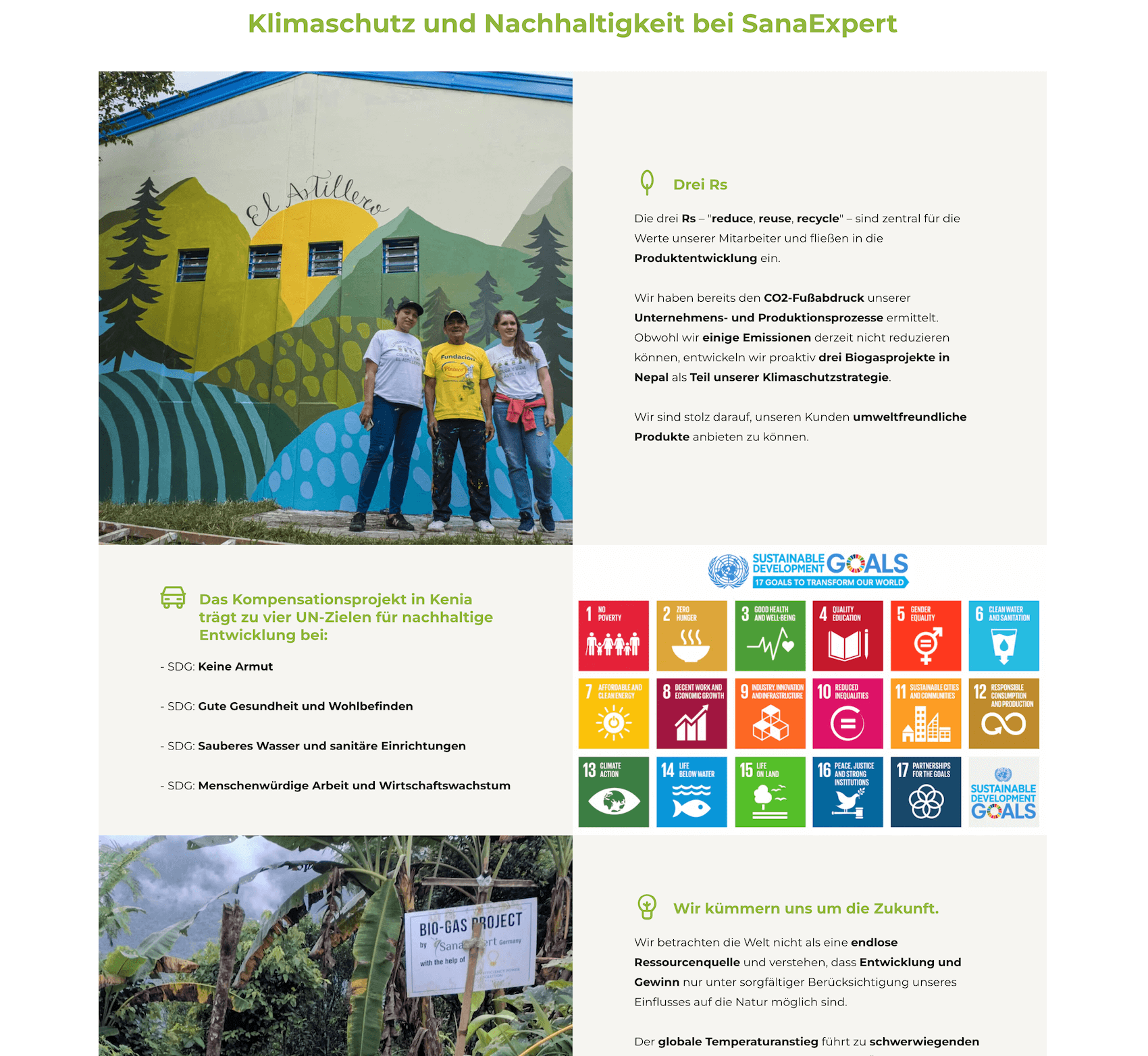 SanaExpert’s sustainability page featuring climate action initiatives, global development goals, and biogas projects in Nepal and Kenya.