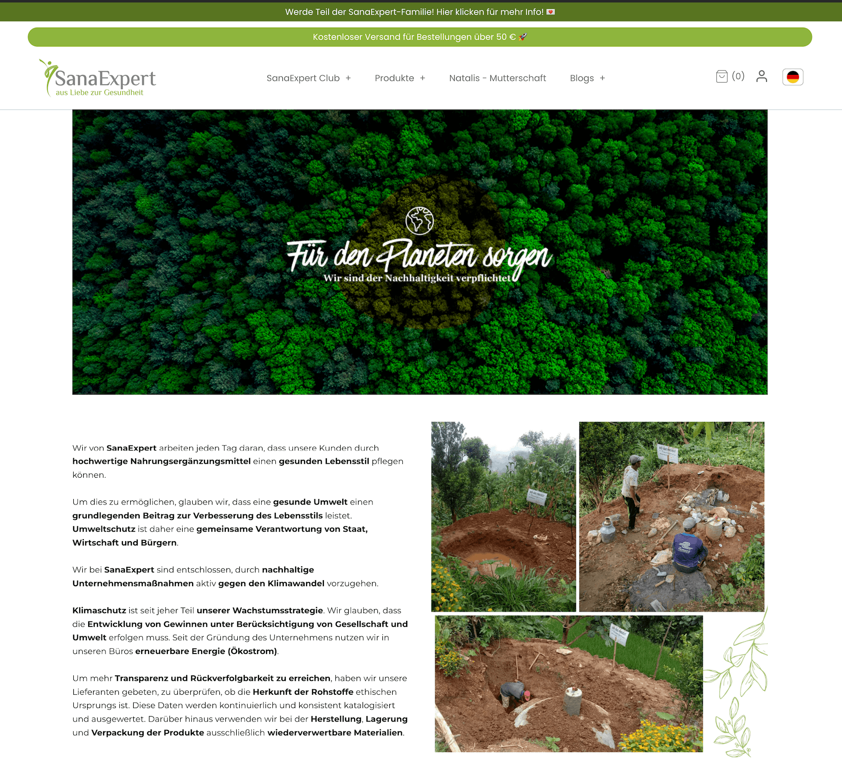 SanaExpert’s environmental responsibility page featuring sustainability messaging, forest visuals, and photos of eco-projects in action.