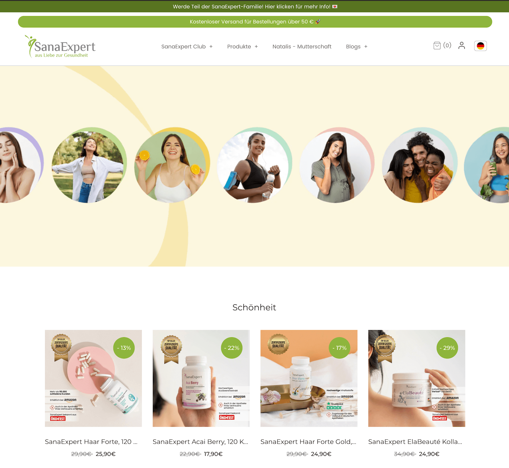 SanaExpert product listing under the beauty category, showcasing hair, skin, and wellness supplements with promotional pricing.