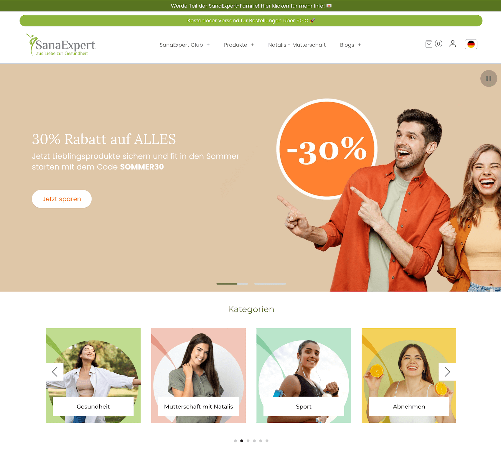 Homepage of SanaExpert’s website featuring a 30% summer discount banner and product categories including health, motherhood, sport, and weight loss.