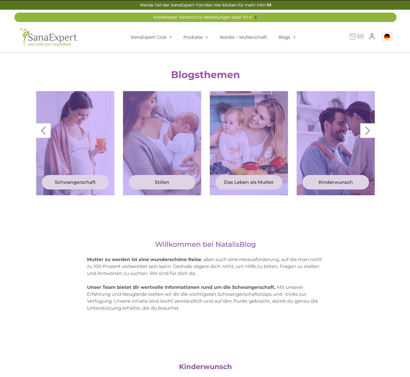 SanaExpert’s Natalis blog homepage showing topics related to pregnancy, breastfeeding, motherhood, and family planning.