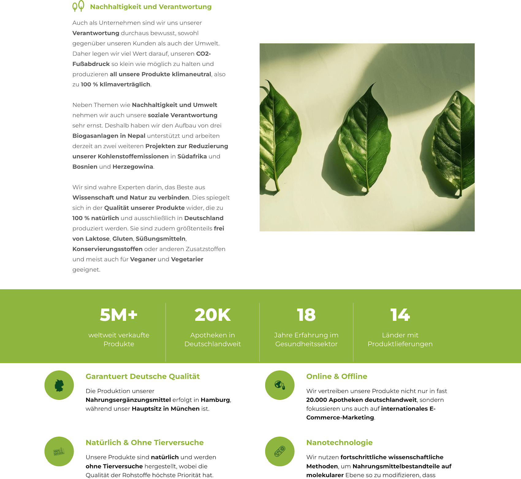 SanaExpert’s sustainability and responsibility section outlining their eco-friendly production, social projects, and product quality commitment.