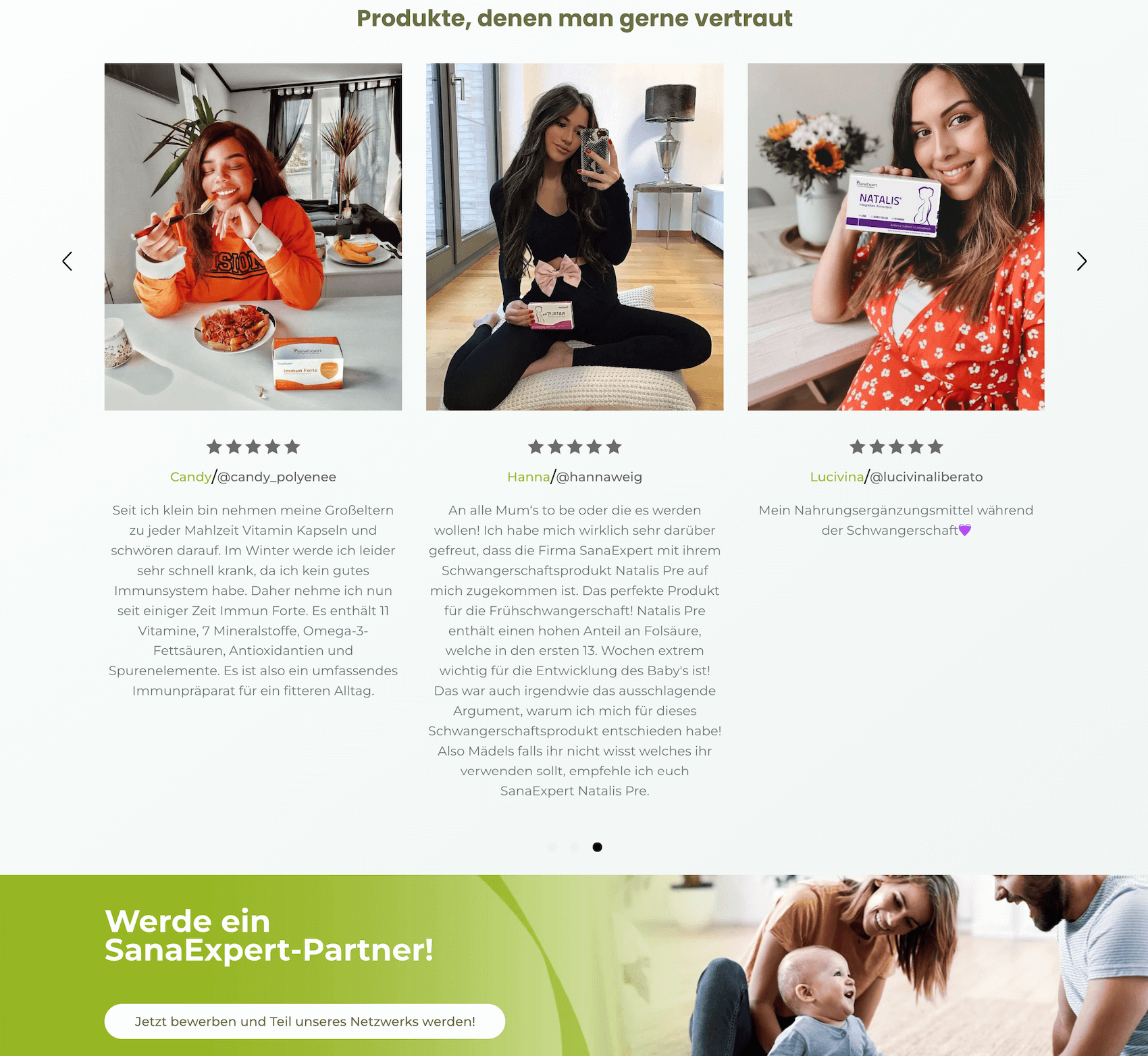 SanaExpert testimonials section with customer reviews, influencer photos, and a call-to-action inviting visitors to become brand partners.